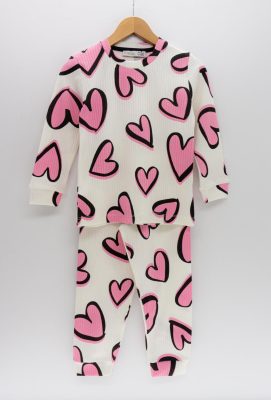 Pembe Kalp Desenli Fitilli Pijama Takımı